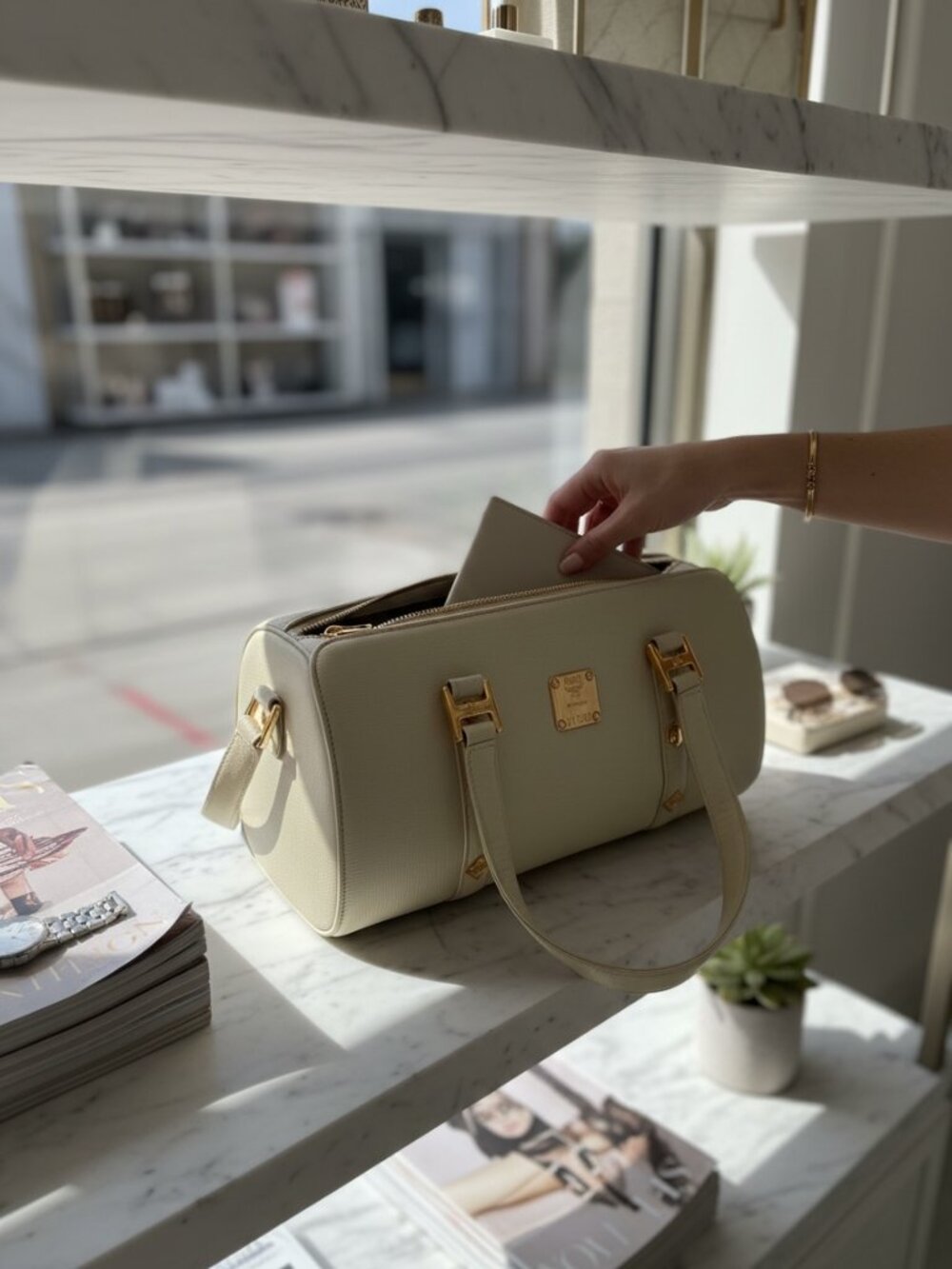 MCM White Leather Satchel Handbag | Gold Hardware | Structured Top Handle Purse